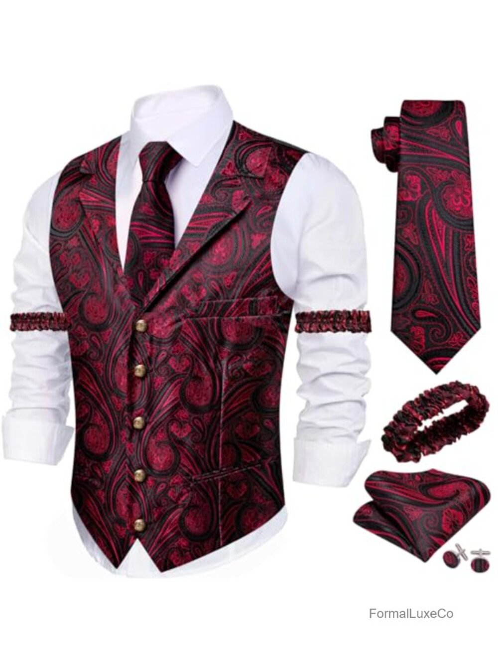 Silk Paisley Floral Suit Vest Tie Set 5 Pieces Formal Wedding